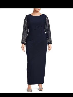 MARINA Black SZ 16 Long-Sleeve Beaded Sheer-Sleeve Gown